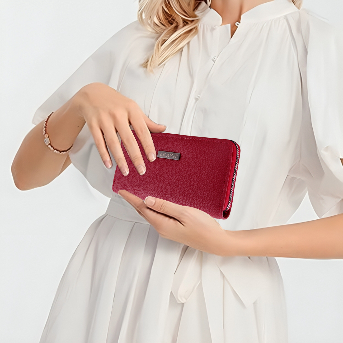 AKAVA Luxurious Women's Red Wallet | 3 Compartments with Coil Zipper & 4 Sub-Compartments | Classic Premium Vegan Leather | Stylish Clutch Purse