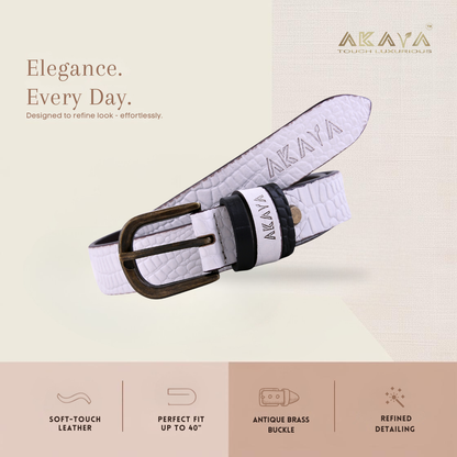AKAVA Luxurious Frost White Croco Embossed  Natural Full-Grain Leather Belt secured with a Tang closure WB1170 Style with Dress and Casual wear