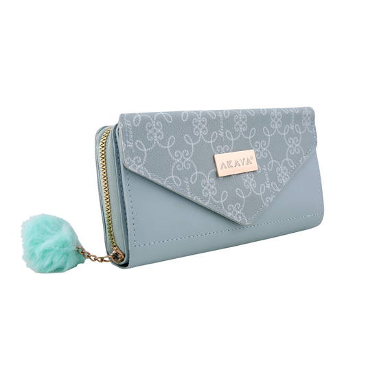 AKAVA Luxurious Women's Light Blue Wallet | Vislon Zippers | 2 Main Compartments & 2 Flip Compartments with Magnetic Closure | 16 Card Slots (1 Transparent) | Modern Classic Design