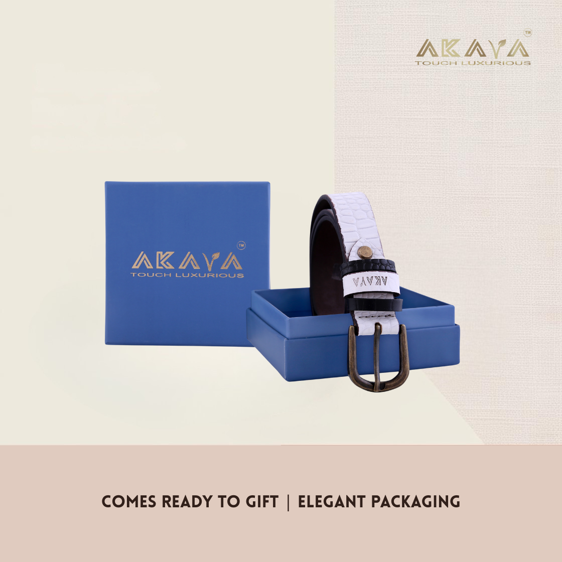 AKAVA Luxurious Frost White Croco Embossed  Natural Full-Grain Leather Belt secured with a Tang closure WB1170 Style with Dress and Casual wear