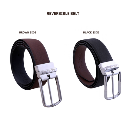 AKAVA Luxurious Men's Vegan Leather Textured Black & Brown Reversible Belt with Rotating Silver Metal Buckle SLD3116 | For Formal & Casual Wear