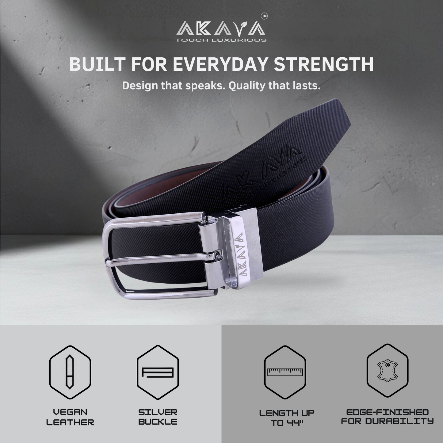AKAVA Luxurious Men's Vegan Leather Textured Black & Brown Reversible Belt with Rotating Silver Metal Buckle SLD3116 | For Formal & Casual Wear