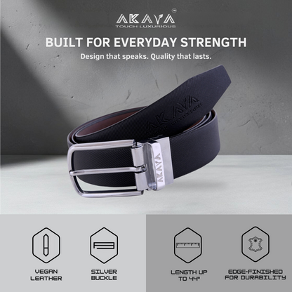AKAVA Luxurious Men's Vegan Leather Textured Black & Brown Reversible Belt with Rotating Silver Metal Buckle SLD3116 | For Formal & Casual Wear