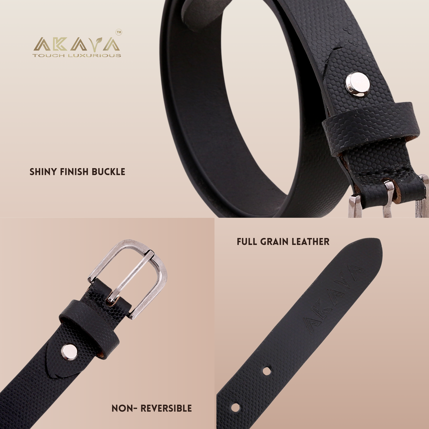 AKAVA Luxurious Black Pebbled Natural Full Grain Leather Belt secured with a Tang Closure | Style with Formal and Casual Wear