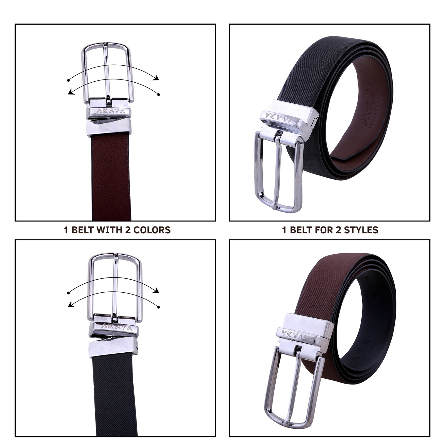 AKAVA Luxurious Men's Vegan Leather Textured Black & Brown Reversible Belt with Rotating Silver Metal Buckle SLD3116 | For Formal & Casual Wear
