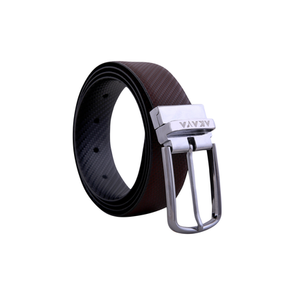 AKAVA Luxurious Men's Vegan Leather Textured Black & Brown Reversible Belt with Rotating Silver Metal Buckle SL3112 | For Formal & Casual Wear