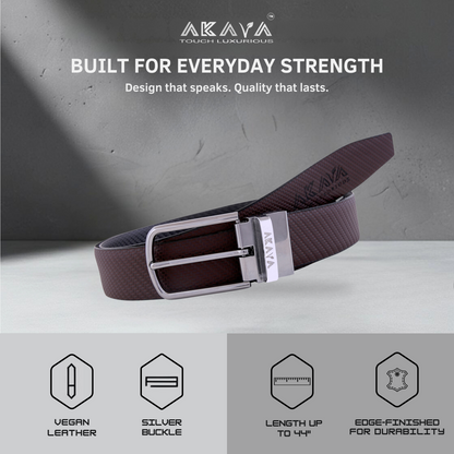 AKAVA Luxurious Men's Vegan Leather Textured Black & Brown Reversible Belt with Rotating Silver Metal Buckle SL3112 | For Formal & Casual Wear
