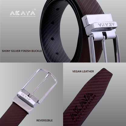 AKAVA Luxurious Men's Vegan Leather Textured Black & Brown Reversible Belt with Rotating Silver Metal Buckle SL3112 | For Formal & Casual Wear