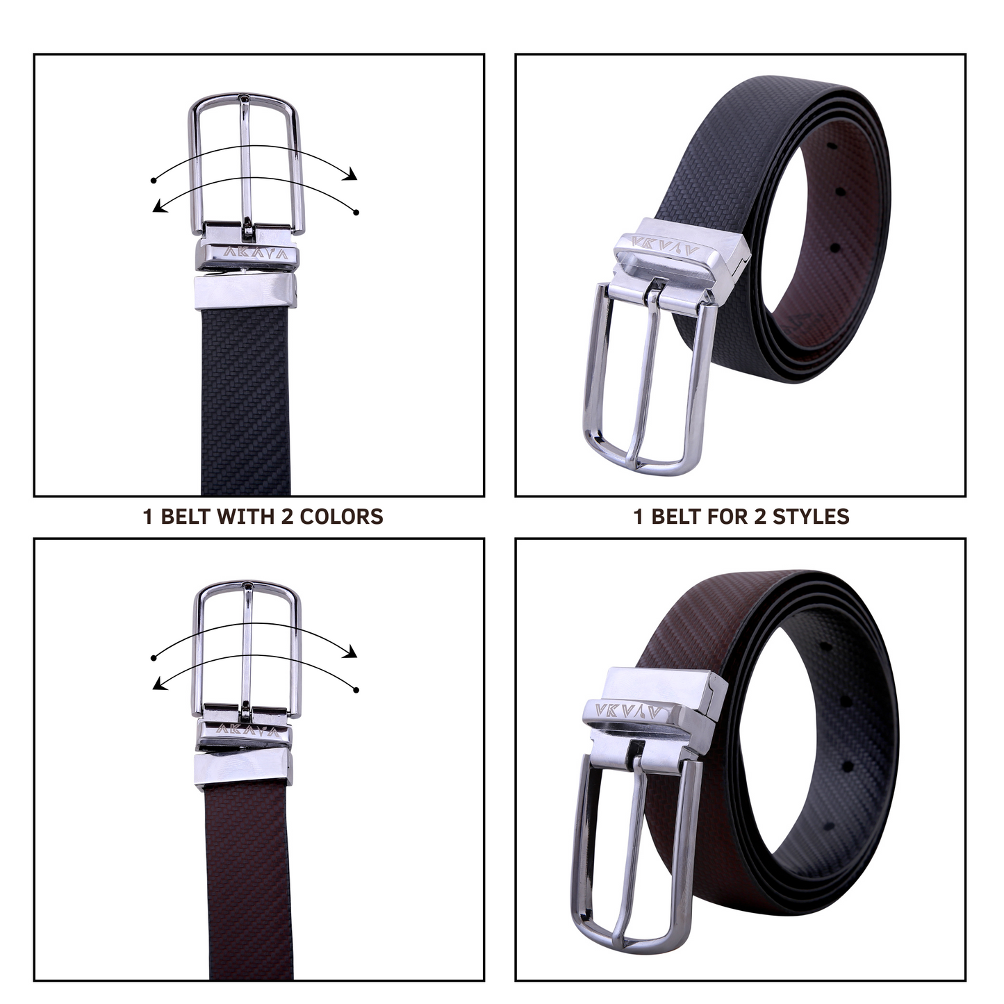 AKAVA Luxurious Men's Vegan Leather Textured Black & Brown Reversible Belt with Rotating Silver Metal Buckle SL3112 | For Formal & Casual Wear