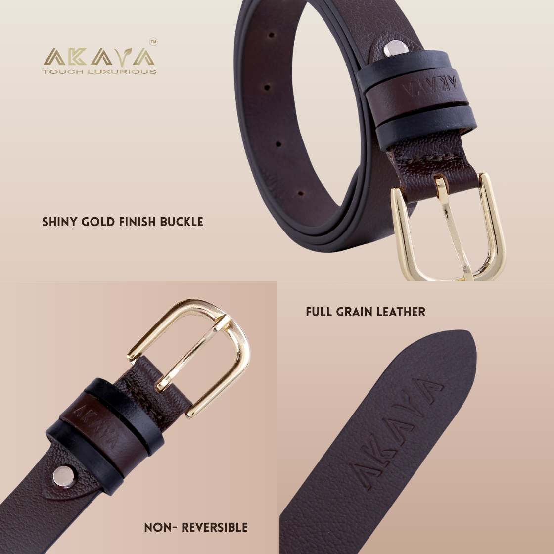 AKAVA Luxurious Women's Windsor Brown Pebbled Natural Full-Grain Leather Belt secured with a Tang closure | WB1155 | Style with Formal and Casual wear