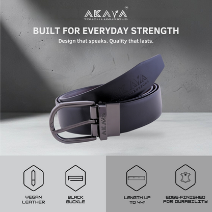 AKAVA Luxurious Men's Vegan Leather Black & Brown Reversible Belt with Rotating Black Metal Buckle ALB3114 | For Formal & Casual Wear