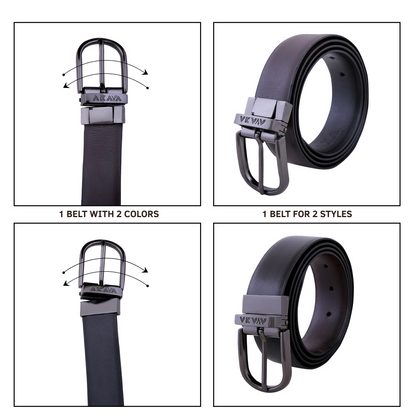 AKAVA Luxurious Men's Vegan Leather Black & Brown Reversible Belt with Rotating Black Metal Buckle ALB3114 | For Formal & Casual Wear
