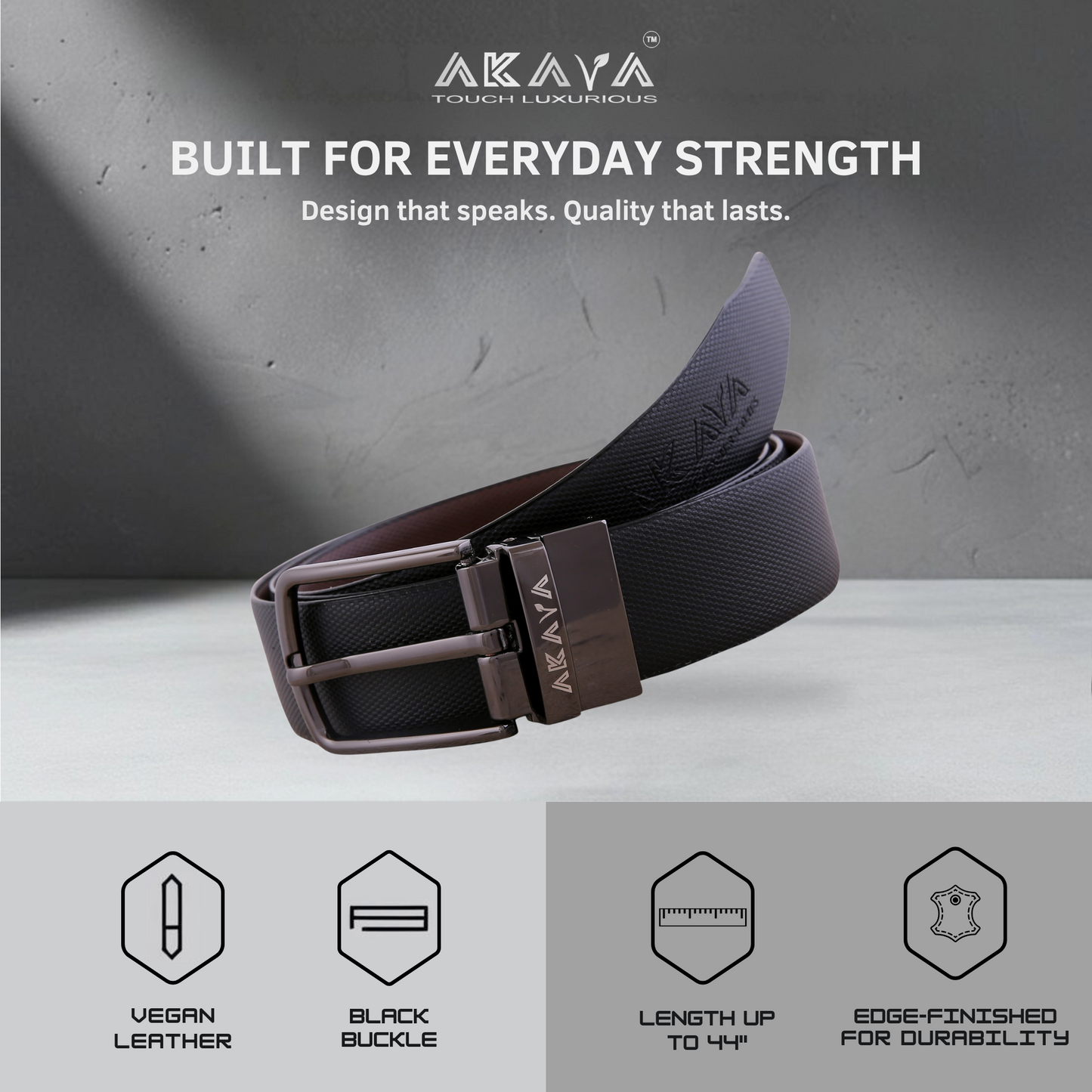 AKAVA Luxurious Men's Vegan Leather Textured Black & Brown Reversible Belt with Rotating Black Metal Buckle BK3111| For Formal & Casual Wear