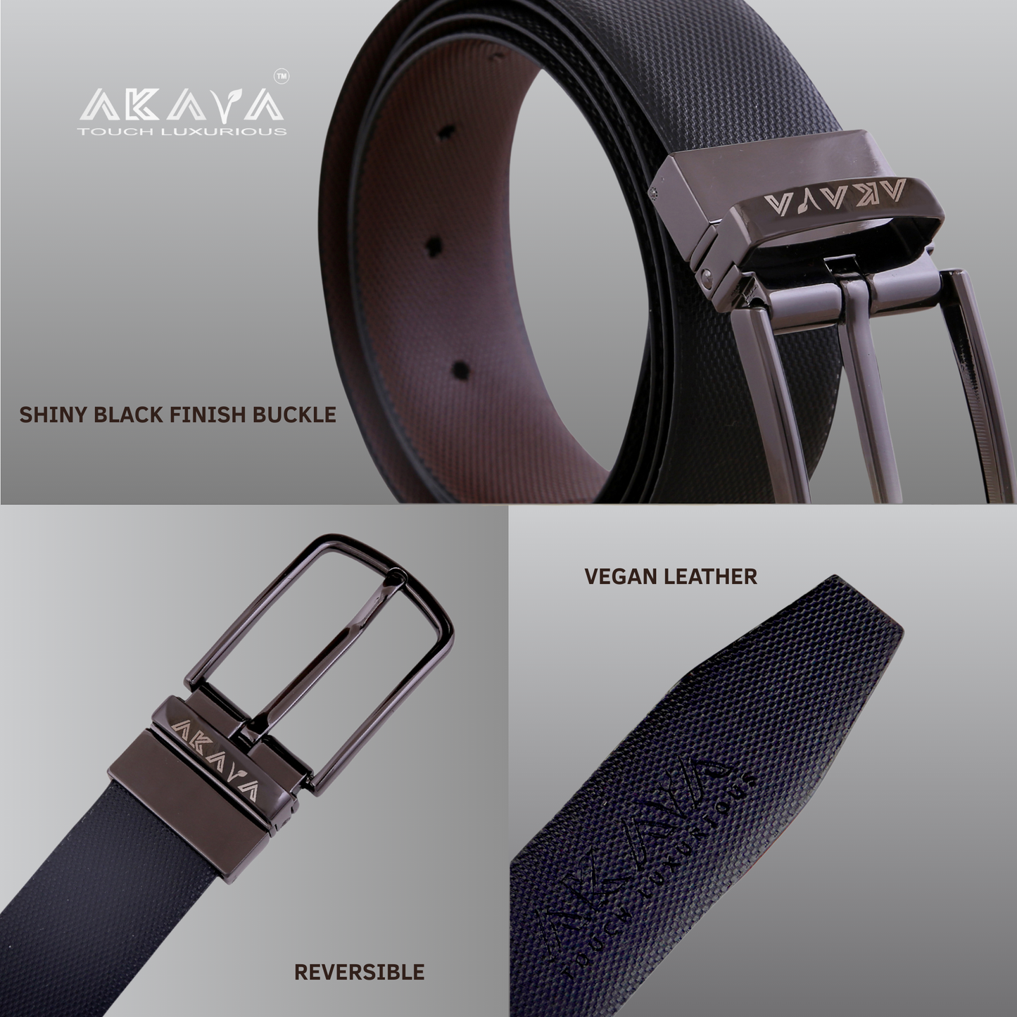 AKAVA Luxurious Men's Vegan Leather Textured Black & Brown Reversible Belt with Rotating Black Metal Buckle_DBL3115 |For Formal & Casual Wear