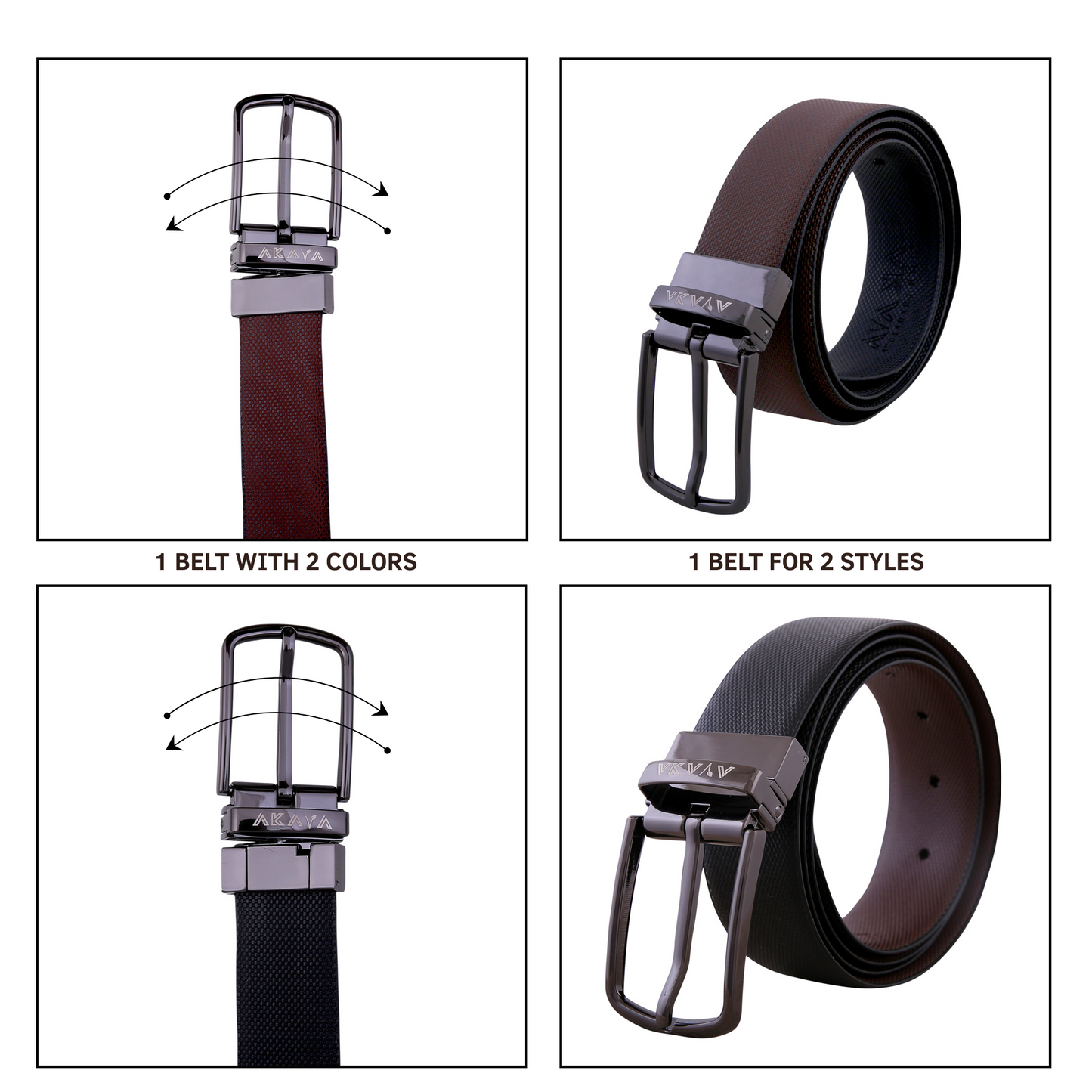 AKAVA Luxurious Men's Vegan Leather Textured Black & Brown Reversible Belt with Rotating Black Metal Buckle_DBL3115 |For Formal & Casual Wear
