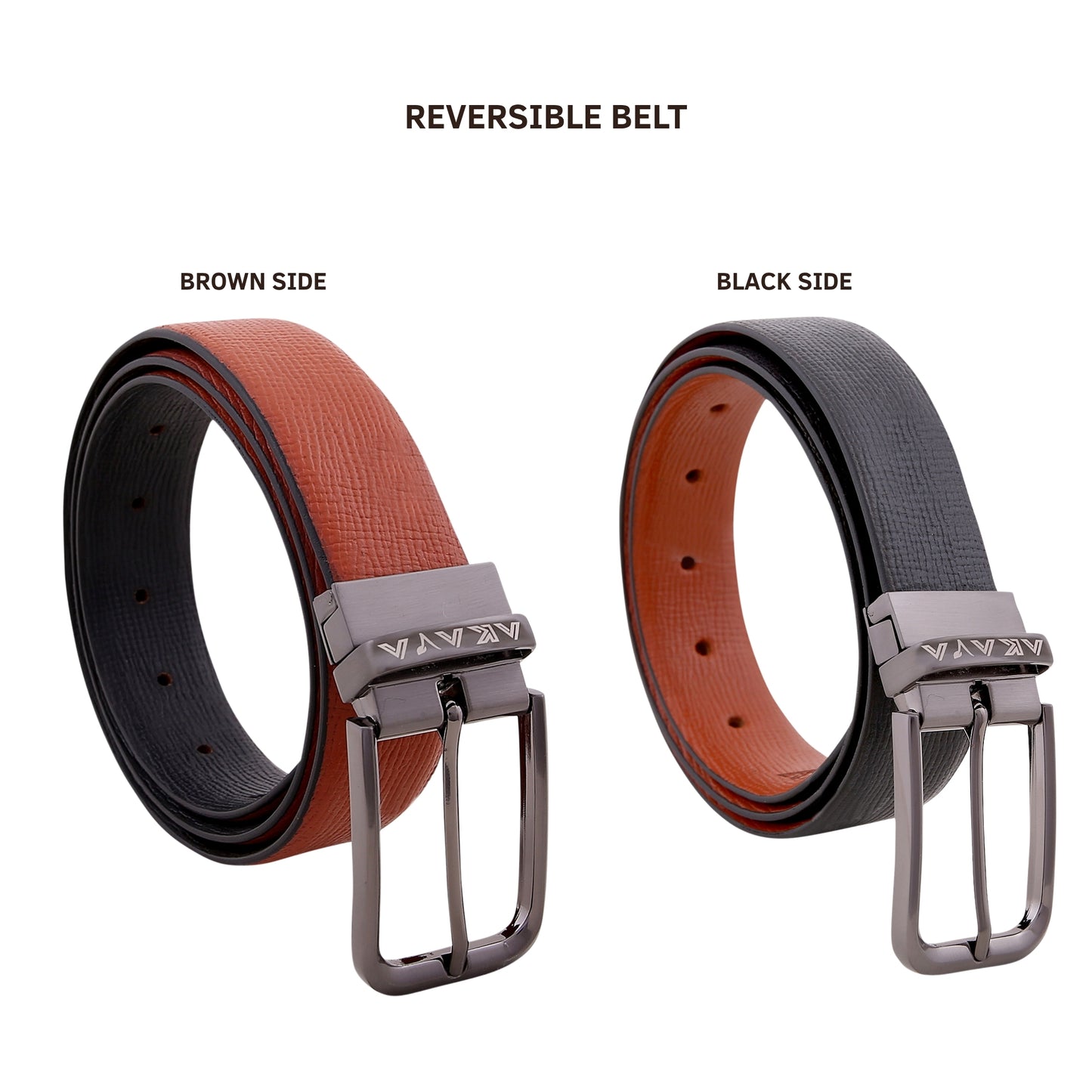 AKAVA Luxurious Rich Textured Full-Grain Leather Reversible Belt for Men | Handcrafted Formal Belt | Black & Tan | Premium Leather Belt Gift for Him