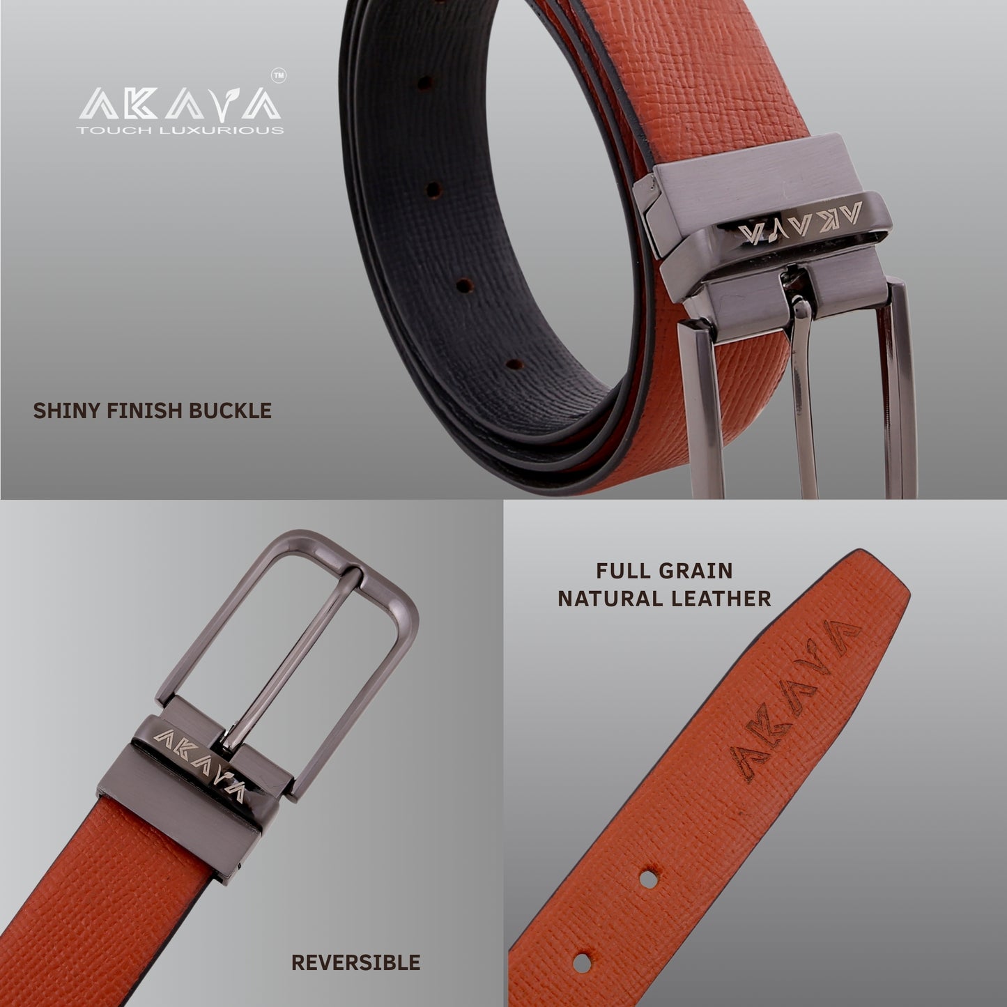 AKAVA Luxurious Rich Textured Full-Grain Leather Reversible Belt for Men | Handcrafted Formal Belt | Black & Tan | Premium Leather Belt Gift for Him