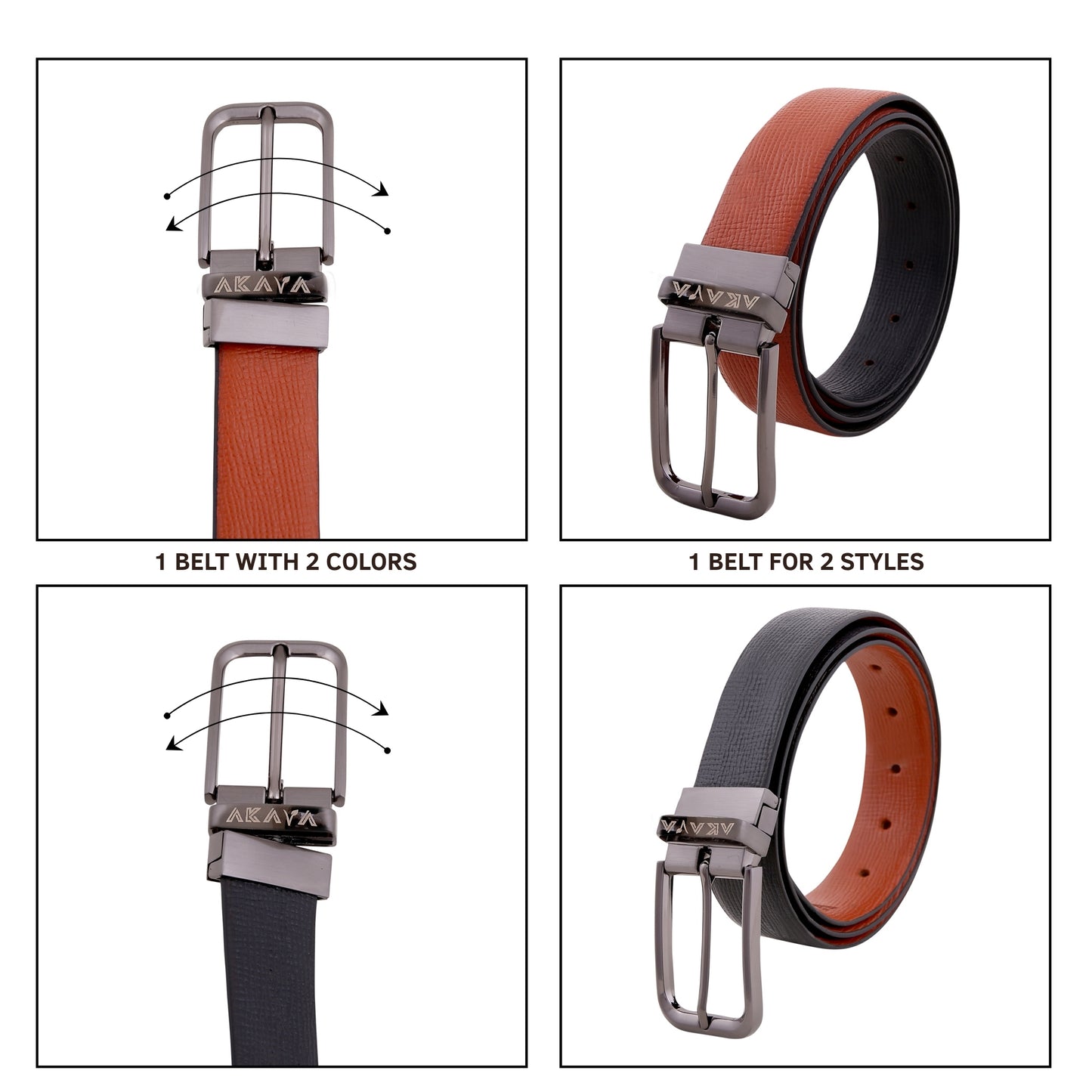 AKAVA Luxurious Rich Textured Full-Grain Leather Reversible Belt for Men | Handcrafted Formal Belt | Black & Tan | Premium Leather Belt Gift for Him