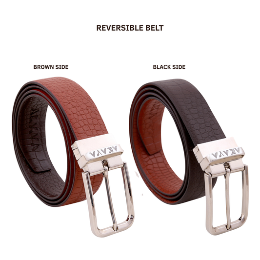 AKAVA Luxurious Croco Textured Full-Grain Leather Reversible Belt for Men | Handcrafted Formal Belt | Brown & Tan | Premium Leather Belt Gift for Him