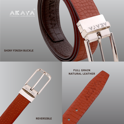 AKAVA Luxurious Croco Textured Full-Grain Leather Reversible Belt for Men | Handcrafted Formal Belt | Brown & Tan | Premium Leather Belt Gift for Him