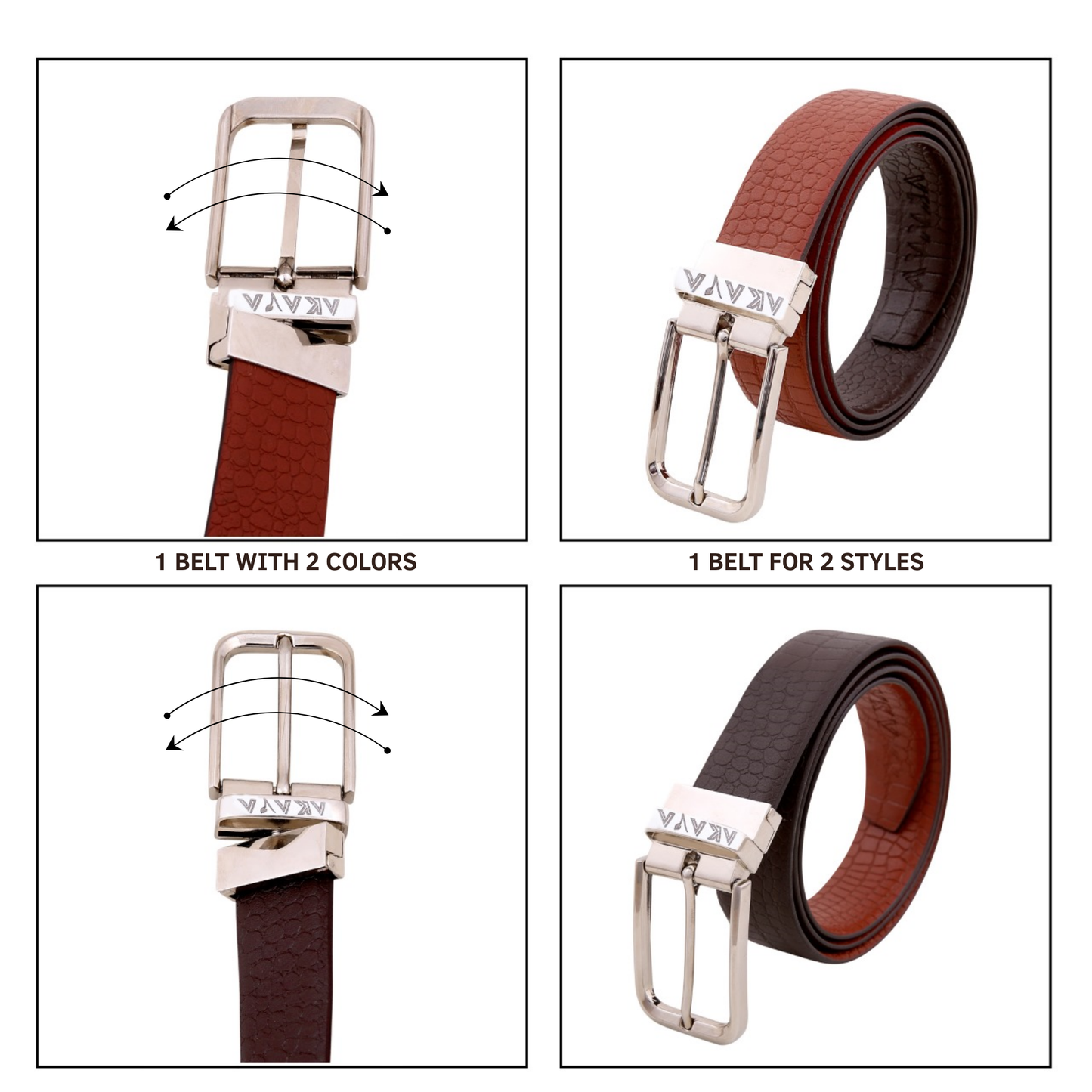 AKAVA Luxurious Croco Textured Full-Grain Leather Reversible Belt for Men | Handcrafted Formal Belt | Brown & Tan | Premium Leather Belt Gift for Him