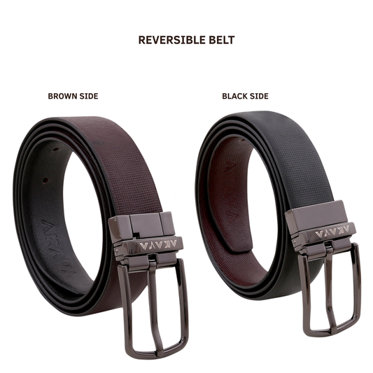 AKAVA Luxurious Rich Textured Full-Grain Leather Reversible Belt for Men | Handcrafted Formal Belt | Black & Brown | Premium Leather Belt Gift for Him