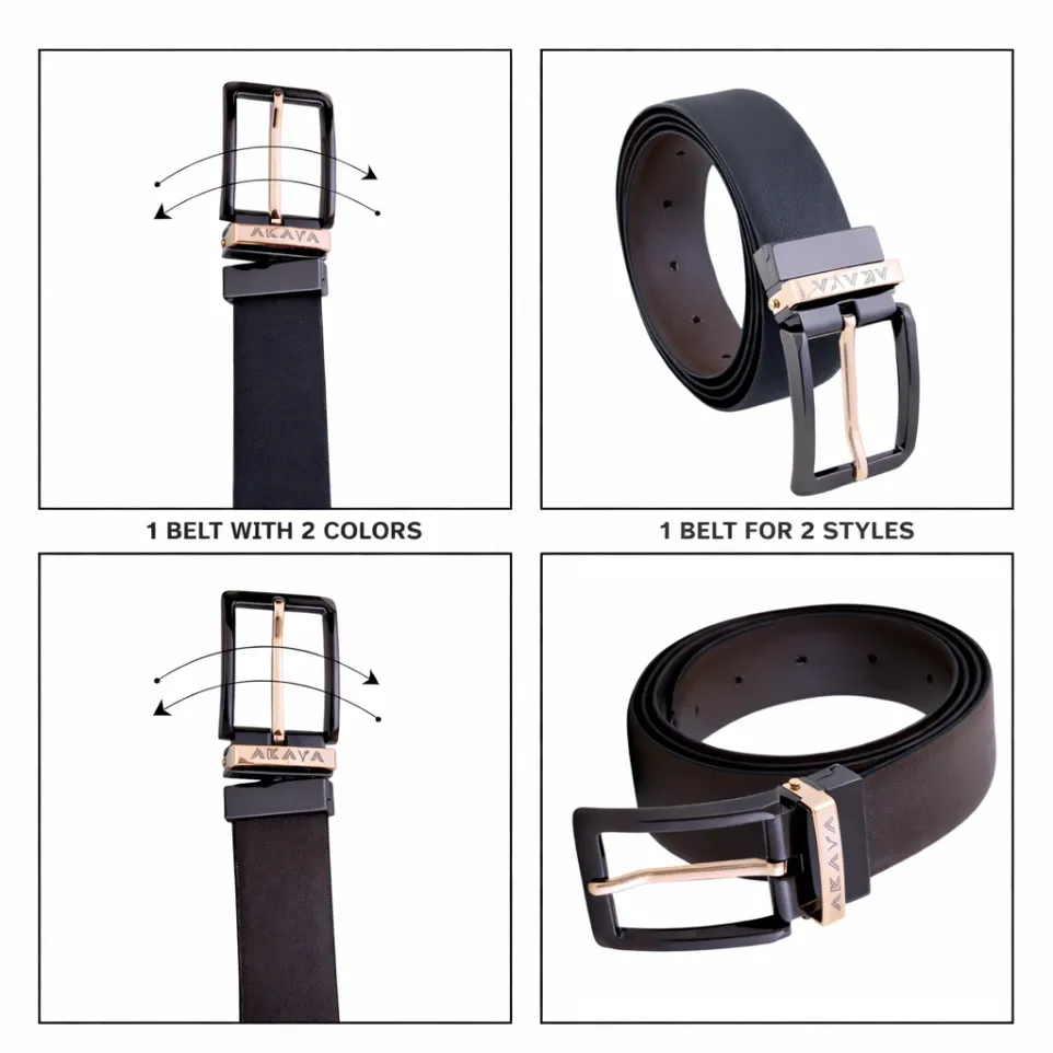 AKAVA Men's Reversible Belt Vegan Leather textured Black & Brown with Rotating Silver Metal Buckle BG3110| For Formal & Casual Wear